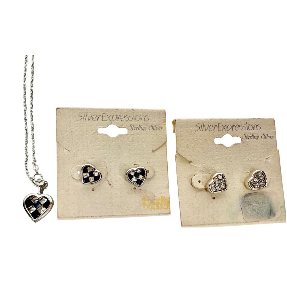 Silver Expressions Sterling Silver Heart Necklace & Earrings Set Black Blue